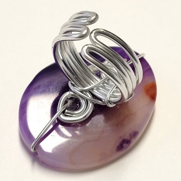 Purple Agate Ring Adjustable Band Handmade Semi Precious Ring - Picture 5 of 12